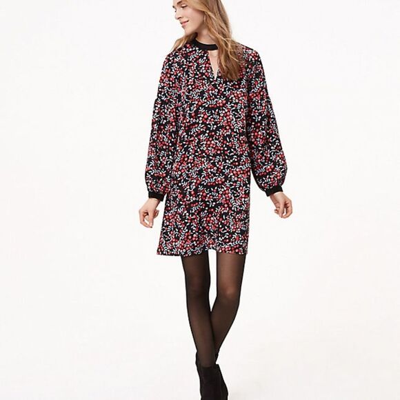 LOFT Berry Velvet Trim Floral Cutout Shift dress NWT - Picture 5 of 5